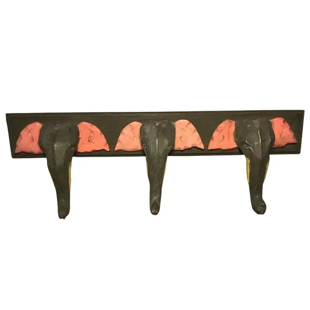 Pier 1 Imports Carved Wood Elephant Wall Coat Hat Rack 3 Hooks Nursery Decor